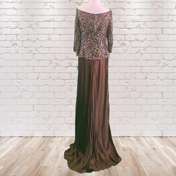 Jean de lys Brown Beaded Silk Floor Length Gown - Picture 3 of 8